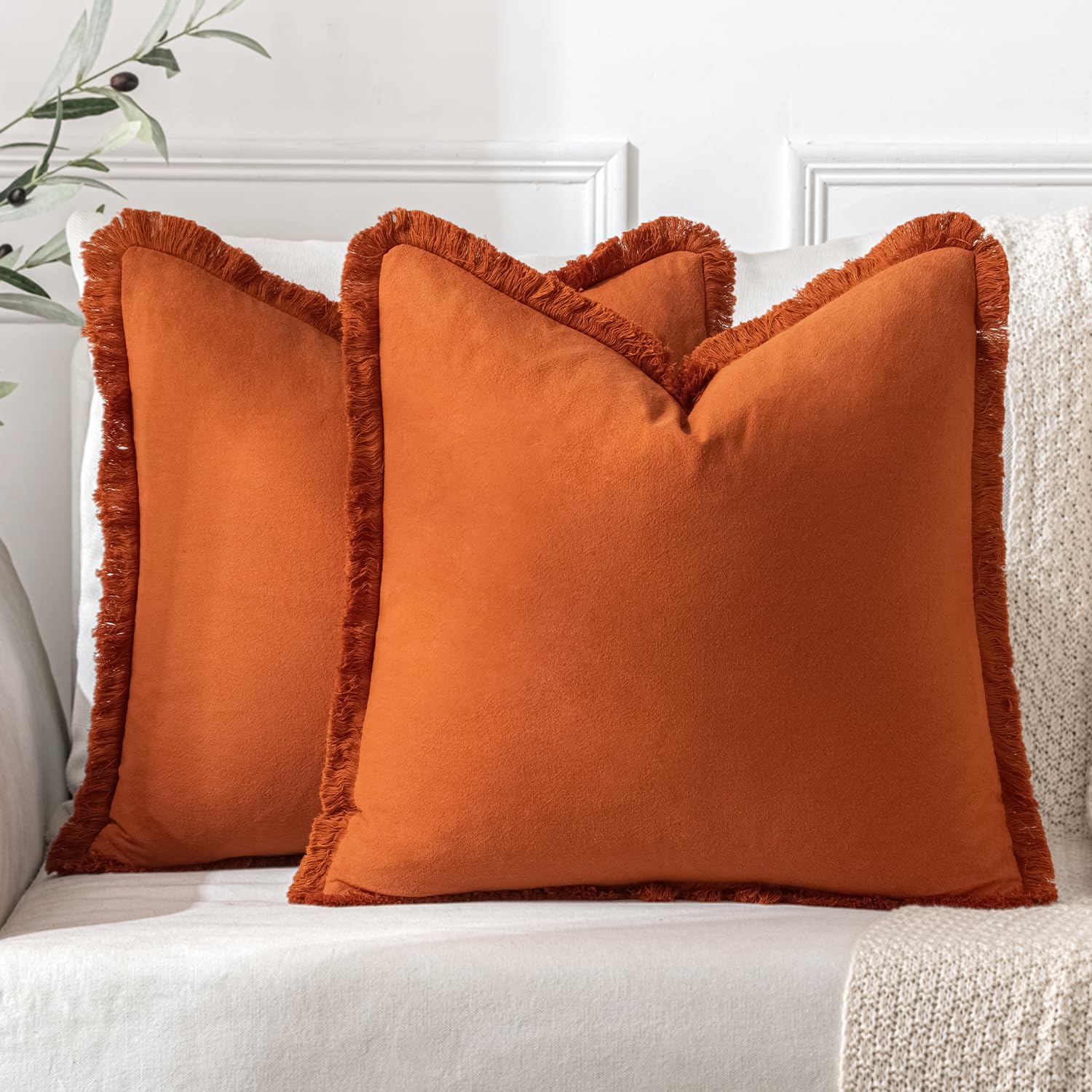 Miulee Pillow Covers Boho Farmhouse 26X26 Set Of 2 Decorative Orange Couch Pillow Covers With Fringe Chic Cotton Throw Pillows Home Decor Accents For Cushion Sof Bed Living Room